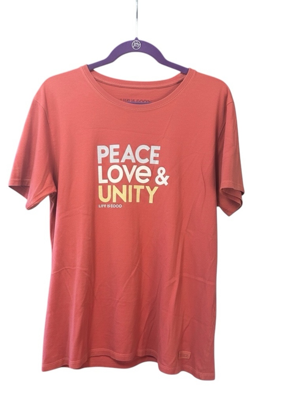 Life Is Good Coral Short Sleeve Tee with White and Yellow Graphic